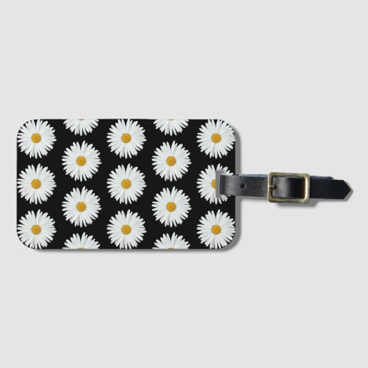 White Daisy Floral Pattern on Black Bagagelabel (Voorkant (horizontaal))