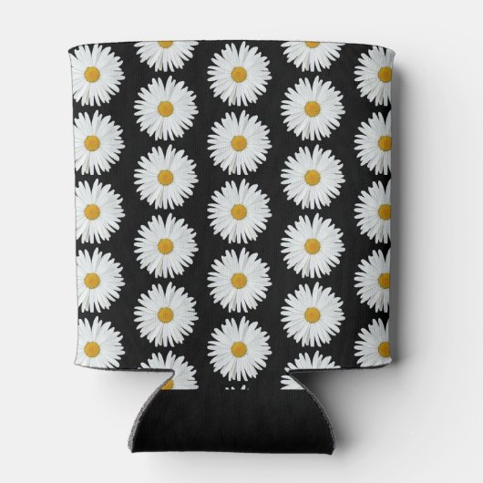 White Daisy Floral Pattern on Black Blikjeskoeler (Achterkant)