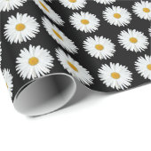 White Daisy Floral Pattern on Black Cadeaupapier (Rol Hoek)