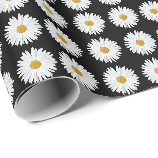 White Daisy Floral Pattern on Black Cadeaupapier (Rol Hoek)