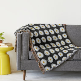 White Daisy Floral Pattern on Black Deken
