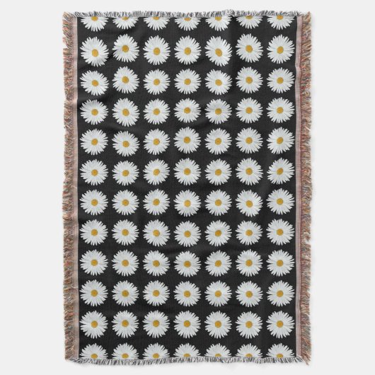 White Daisy Floral Pattern on Black Deken (Voorkant Verticaal)