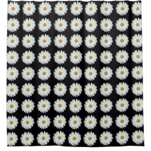 White Daisy Floral Pattern on Black Douchegordijn (Voorkant)