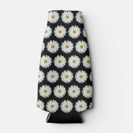 White Daisy Floral Pattern on Black Flesjeskoeler (Voorkant)
