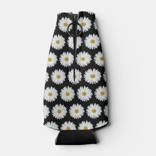 White Daisy Floral Pattern on Black Flesjeskoeler (Achterkant)