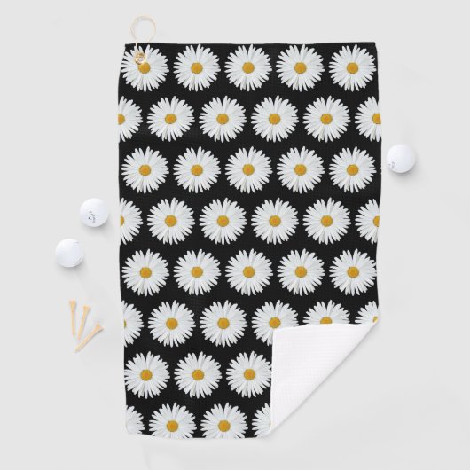 White Daisy Floral Pattern on Black Golfhanddoek (Insitu)