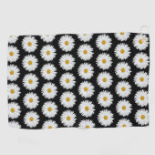 White Daisy Floral Pattern on Black Golfhanddoek (Horizontaal)