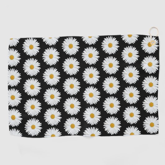 White Daisy Floral Pattern on Black Golfhanddoek (Horizontaal)