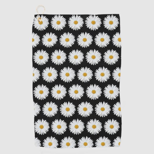 White Daisy Floral Pattern on Black Golfhanddoek (Voorkant)
