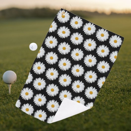 White Daisy Floral Pattern on Black Golfhanddoek