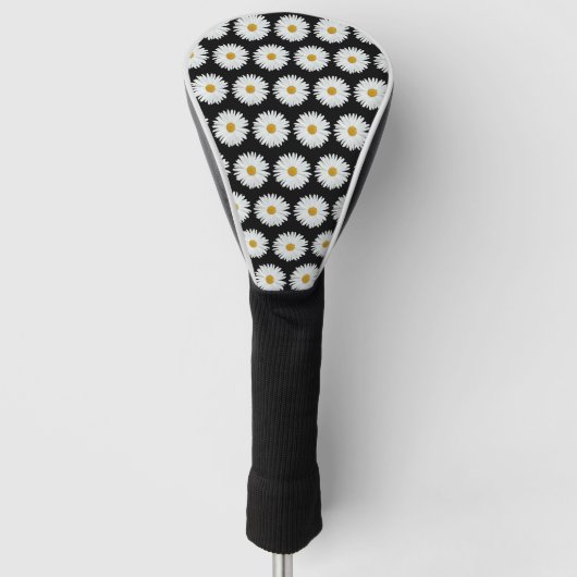 White Daisy Floral Pattern on Black Golfheadcover (Voorkant)