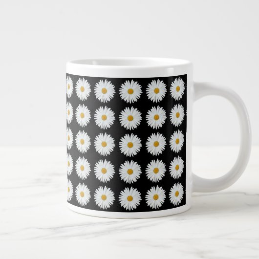 White Daisy Floral Pattern on Black Grote Koffiekop (Rechts)
