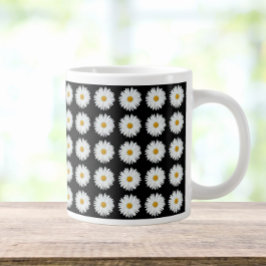White Daisy Floral Pattern on Black Grote Koffiekop