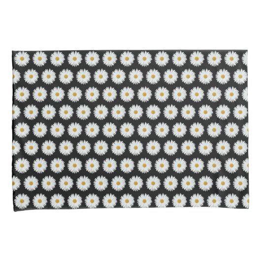 White Daisy Floral Pattern on Black Kussensloop (Voorkant-Rechts)