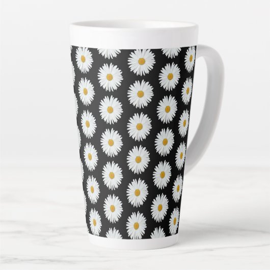White Daisy Floral Pattern on Black Latte Mok (Rechterhoek)