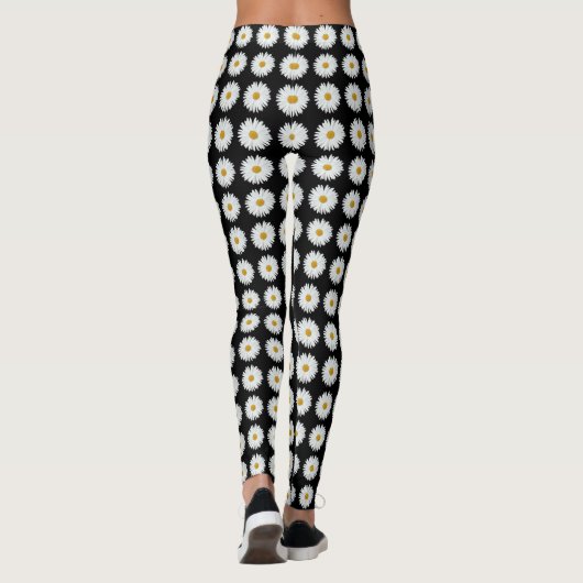 White Daisy Floral Pattern on Black Leggings (Achterkant)