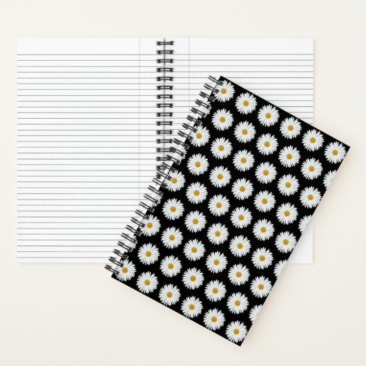 White Daisy Floral Pattern on Black Notitieboek (Binnen)