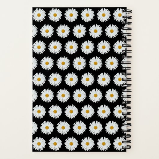 White Daisy Floral Pattern on Black Notitieboek (Achterkant)