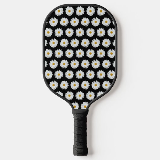 White Daisy Floral Pattern on Black Pickleball Paddle (Voorkant)