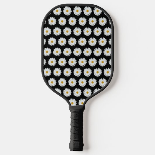 White Daisy Floral Pattern on Black Pickleball Paddle (Achterkant)