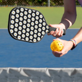 White Daisy Floral Pattern on Black Pickleball Paddle