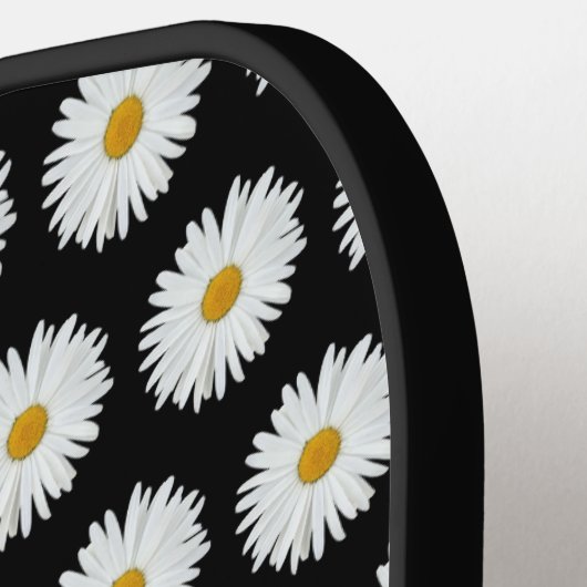 White Daisy Floral Pattern on Black Pickleball Paddle (Links Detail)