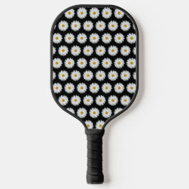 White Daisy Floral Pattern on Black Pickleball Paddle