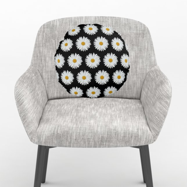 White Daisy Floral Pattern on Black Rond Kussen (In Situ Round)