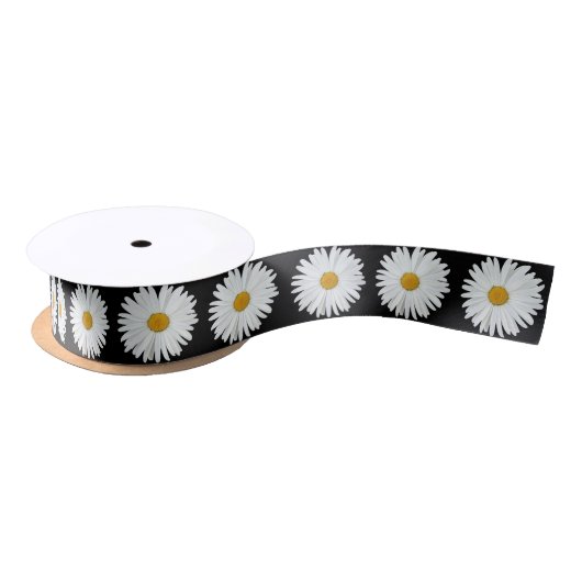 White Daisy Floral Pattern on Black Satijnen Lint (Spoel)