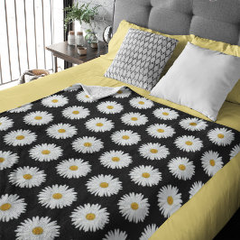 White Daisy Floral Pattern on Black Sherpa Deken