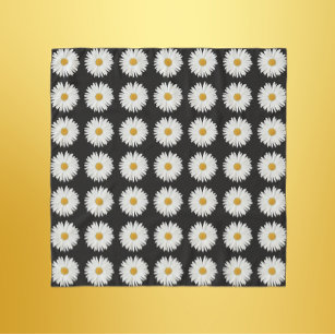 White Daisy Floral Pattern on Black Sjaal