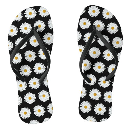 White Daisy Floral Pattern on Black Teenslippers (Voetbed)