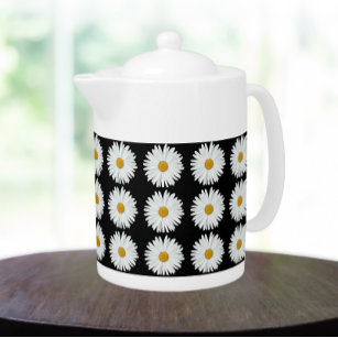 White Daisy Floral Pattern on Black Theepot