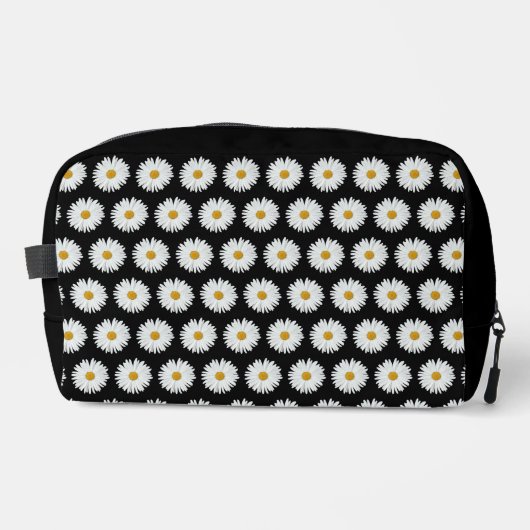 White Daisy Floral Pattern on Black Toilettasje (Voorkant)