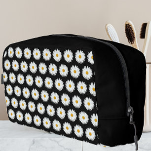 White Daisy Floral Pattern on Black Toilettasje