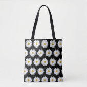 White Daisy Floral Pattern on Black Tote Bag (Voorkant)