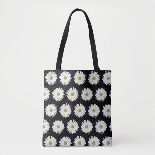 White Daisy Floral Pattern on Black Tote Bag (Voorkant)