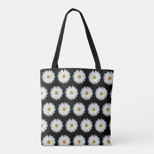 White Daisy Floral Pattern on Black Tote Bag (Achterkant)