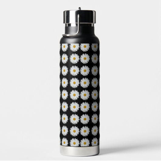 White Daisy Floral Pattern on Black Waterfles (Rechts)