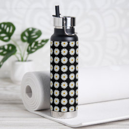 White Daisy Floral Pattern on Black Waterfles