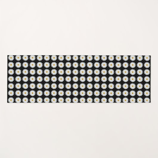White Daisy Floral Pattern on Black Yogamat (Voorkant (horizontaal))