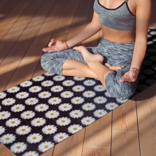 White Daisy Floral Pattern on Black Yogamat