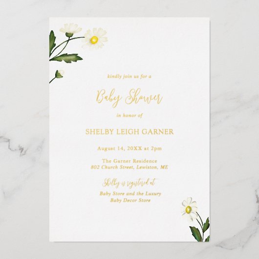 White Daisy Floral Rustic Baby shower Folie Uitnodiging (Voorkant)