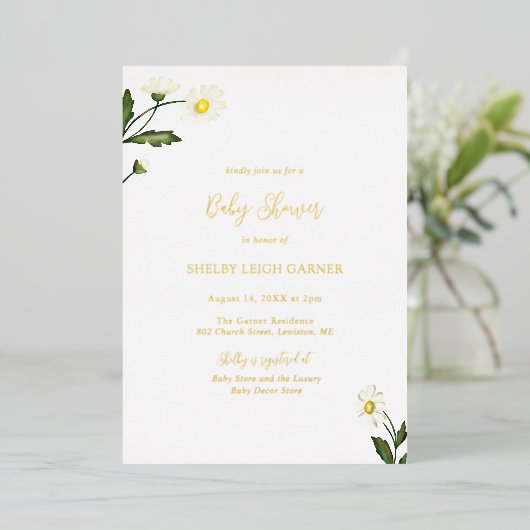 White Daisy Floral Rustic Baby shower Folie Uitnodiging (Staand Voorkant)