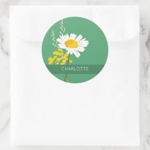 White Daisy Flower Custom Name Ronde Sticker