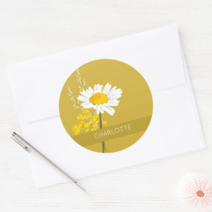 White Daisy Flower Custom Name Ronde Sticker