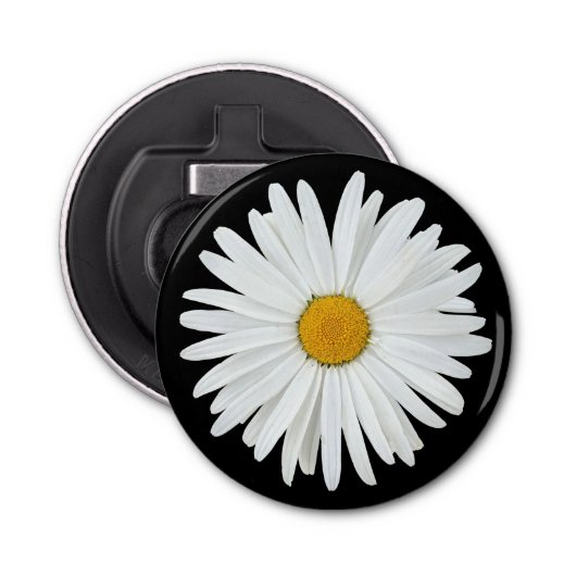 White Daisy Flower on Black Floral Button Flesopener (Voorkant)