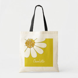 White Daisy Flower Personalize Name Birthday Tote Bag