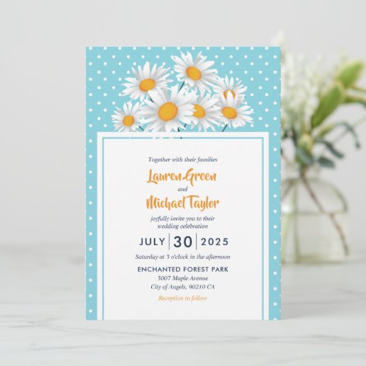 White Daisy Flower Polkadot Pattern Wedal Wedding Kaart (Staand voorkant)