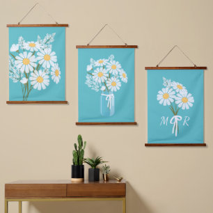 White Daisy Flowers Bouquet Blauwgroen set van 3 Hangend Wandkleed